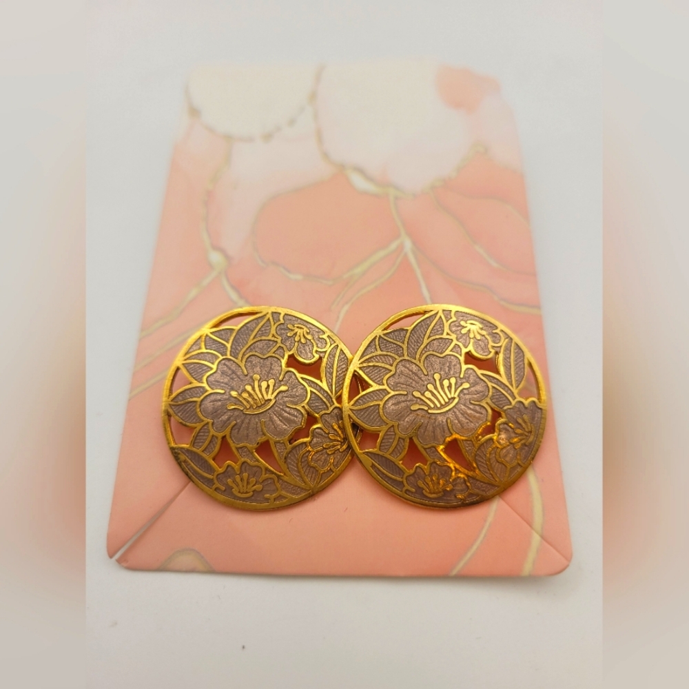 Vintage Rose Floral Cloisonne Pierced Earrings